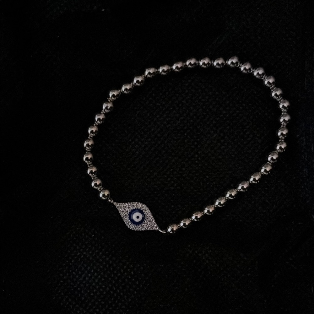 Silver Beaded Evil Eye Bracelet